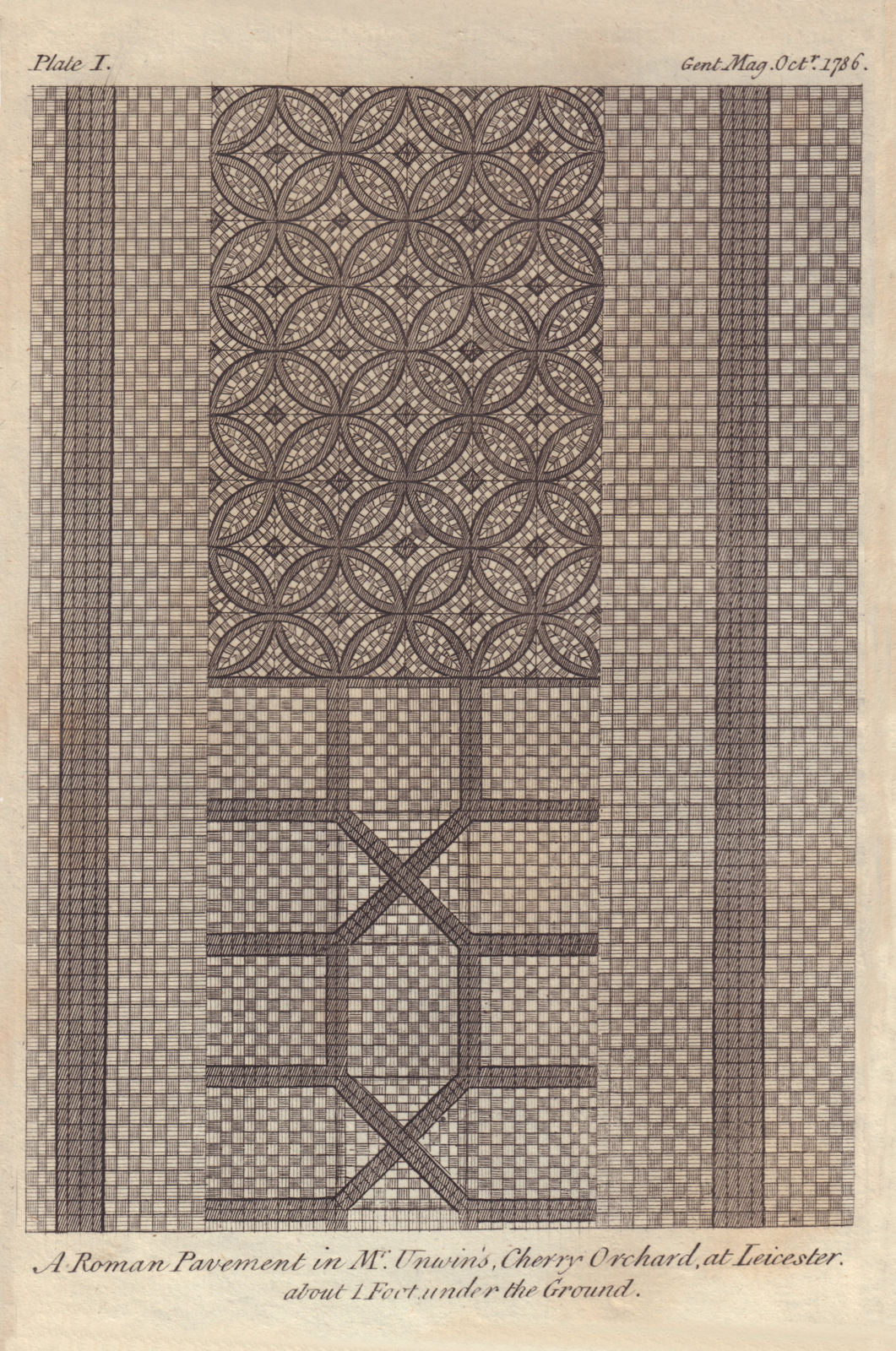 A Roman Pavement in Mr. Unwin's, Cherry Orchard at Leicester 1786 old print